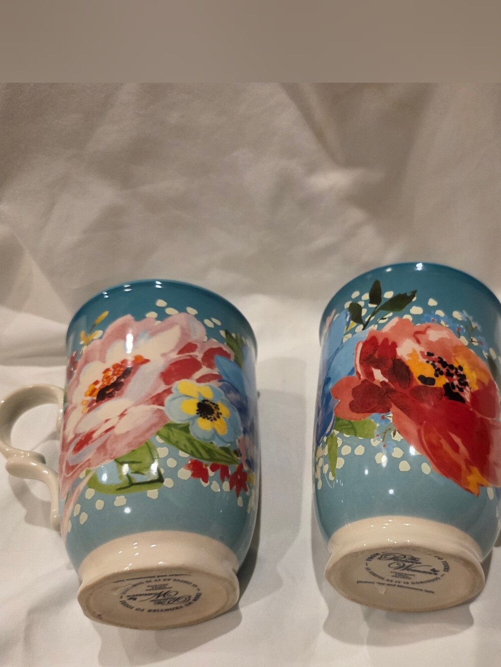 Pioneer Woman 18 oz. Melody Teal with Floral Stoneware Coffee Cup Mug Set Of 2